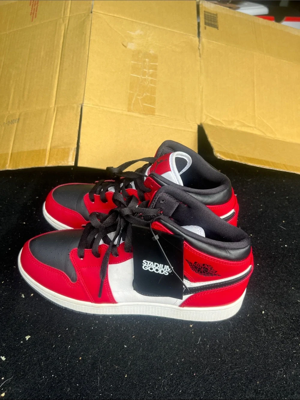 Nike Kids Red Black White Mid-Top Sneakers with Black Swoosh